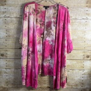Lane Bryant Pink and Brown Tie-Dye Short Sleeve Kimono EUC Size 18/20
